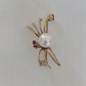 Macy's 14K Gold Spider Brooch with Cultured Pearl and Rubies